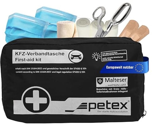 Petex Verbandtasche KFZ-Verbandtasche, schwarz, aktuelle Norm 2023 Inhalt nach DIN 13164:2022