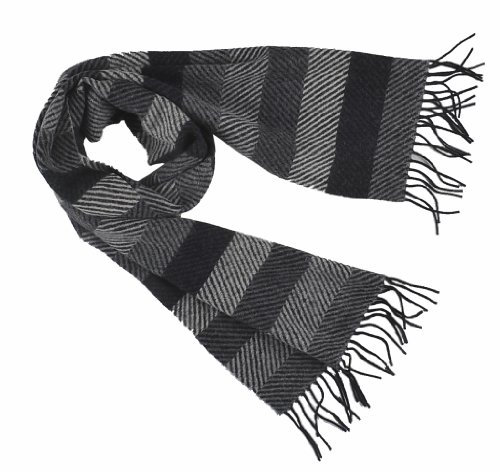 Nella-Mode Elegant klassisch gewebter Herrenschal aus 100% Wolle, Wollschal in Fischgrät-Muster, quer gestreift in verschiedenen Grautönen & schwarz, Schal ca. 180x30cm (plus Fransen)