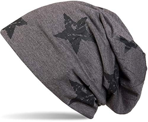 styleBREAKER Unisex Stoff Beanie Mütze mit Sterne Print im Destroyed Vintage Look, Longbeanie 04024041, Farbe:Taupe-Grau