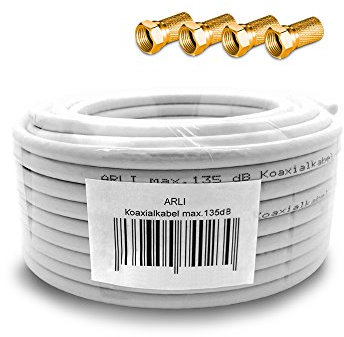 ARLI 15m Koaxialkabel – max. 135 dB 5-fach geschirmt UV-beständig + 4x vergoldete F-Stecker mit breiter Mutter & Dichtring für DVB-S DVB-T2 4K HDTV