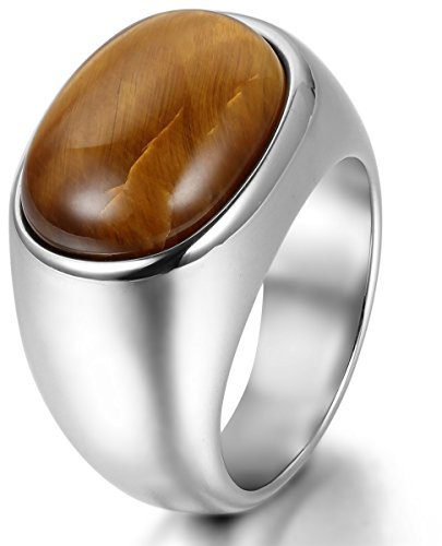 JewelryWe Tigerauge Ringe Herren Edelstahl: Retro Herren-Ring Klassiker Oval Tiger-Auge Stein Ring Männer Band Bandring mit Gravur Silber Größe 65