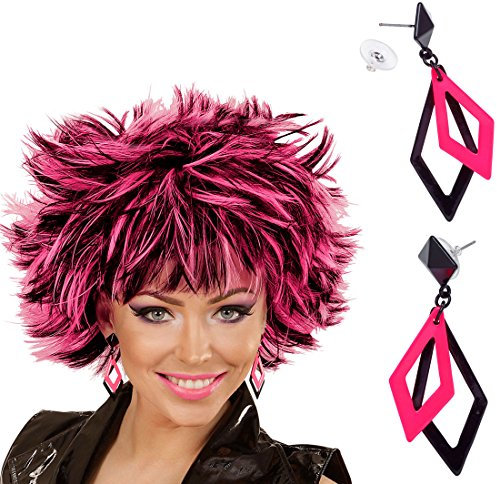 NET TOYS 80er Jahre Ohrringe Rhombus Damenohrringe Schwarz-Rosa Modeschmuck Ohrstecker 80s Ohrschmuck Neon