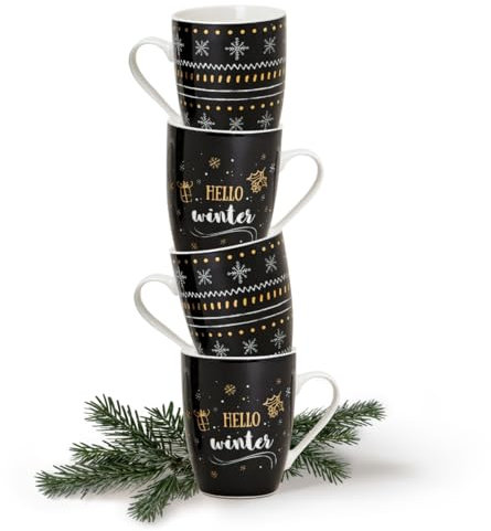 Tassen 4er Set Xmas modern in schwarz und goldfarben- Porzellan Kaffeebecher als Weihnachtstassen in 10 cm - Edle Kaffeetassen für Weihnachten spülmaschinenfest und mikrowellengeeignet
