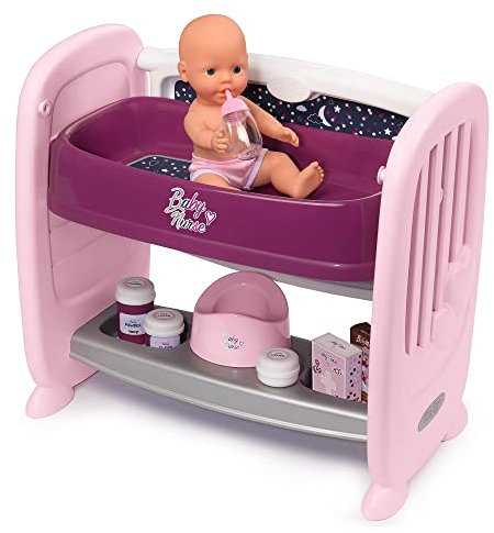 Smoby – Puppenbett mit viel Zubehör – 2in1 Beistellbett und Wickeltisch, höhenverstellbar, mit Puppe, Töpfchen, Fläschchen, uvm., für Kinder ab 2 Jahren