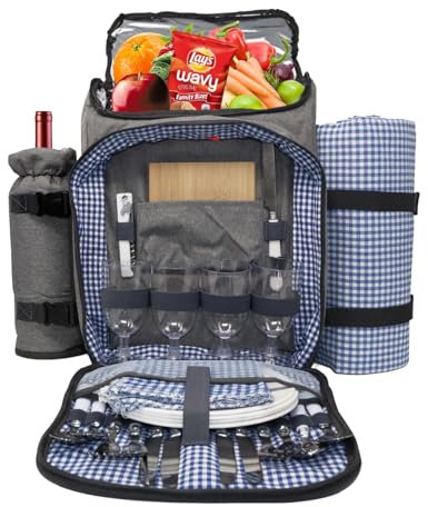 Nature Gear XL Picnic Backpack - Classic 4 Person Insulated Design - Waterproof Blanket and Full Cutlery Set Blue