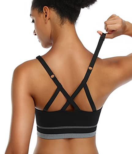 ANGOOL Sport BH Damen Einstellbarer Schultergurt Sport Bustier Damen Gepolstert Starker Halt Nahtlose Joggen Yoga Fitness Bra, 1er Pack, Schwarz, S