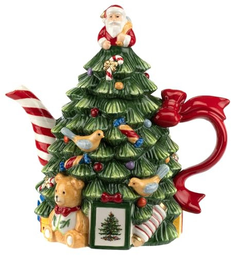 Spode Christmas Tree Figural Teapot - Festive 27 oz Christmas Teapot with Mistletoe Accents, Peppermint Stripe Spout, and Ribbon Handle - Decorative Dolomite Tea Pot for Holiday Tea Parties