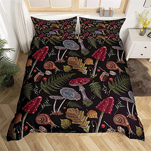 Wilder Pilz Bettwäsche-Set Gefallene Blätter der Burgunderpflanze Bettwäsche Set 135x200cm Stickschnecke Betten Set für Kinder Jungen Mädchen Teenager 2St.Reißverschluss Mikrofaser