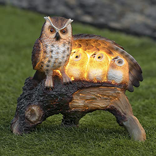 GloBrite Solar Owl Family Statue | Mother Children Wing Log Figurine LED Light for Outdoor Decorations | Resin Accessories Porch Light Ornaments | Patio Lawn Yard Garden Decor
