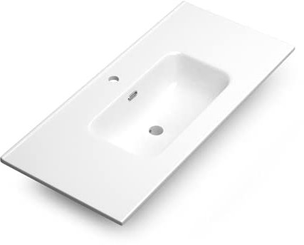Lavabo Cerámico Baño Blanco | Pila Lavamanos Rectangular | Lavabo Integral 1 Seno Centrado 101.5 cm Ancho X 46.5cm Fondo | Rebosadero y Agujero de Grifo (100cm 1 Seno)