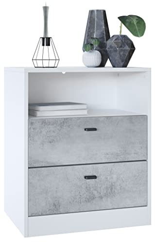 Vladon Kommode Pino V1, Made in Germany, Nachttisch mit 2 Schubladen & 1 offenem Fach, Weiß matt/Beton Oxid Optik ohne LED (56 x 67,5 x 36 cm)