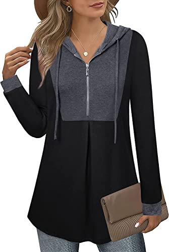 Siddhe Hoodie Damen Pullover Farbblock Tunika Langarm Bluse Kapuzenpullover Oberteile Pulli mit Kapuzen Reißverschluss Longshirt Sweatshirt A-Linie Locker Lang, Schwarz Grau XXL
