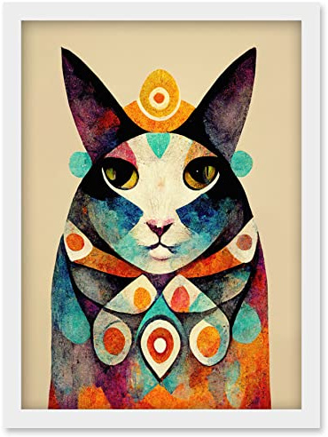 Wee Blue Coo Quirky Boho Abstract Modern Shaman Guru Cat Artwork Framed Wall Art Print A4