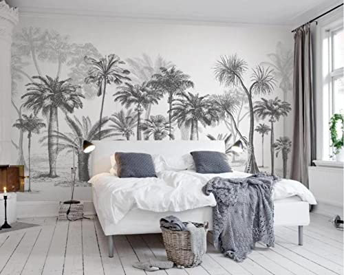 Papier Peint Panoramique Cocotier Noir Et Blanc De La Forêt Tropicale Papier Peint 3D Personnalisés Intissé Décoration Murale 150x105cm