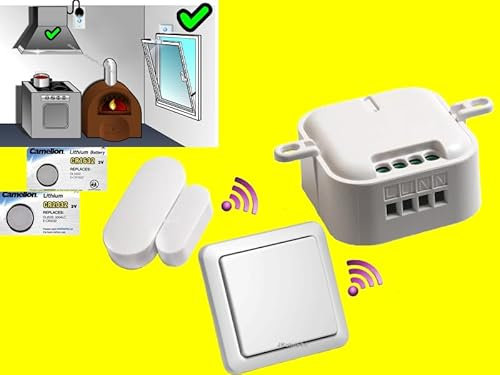 FUNK-Abluftsteuerung EINBAU-SET | Dunstabzugshauben-Steuerung mit Intertechno Power-Einbau-Empfänger 2000W + Mini-Fensterkontaktschalter +Wandschalter + Ersatzbatterie