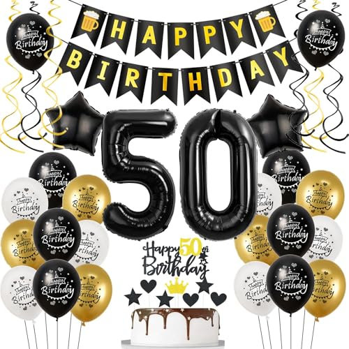Luftballons 50. Geburtstag Schwarz Golden, Geburtstagsdeko 50 Jahre Mann Frauen, Ballon 50. Geburtstag, Folienballon Zahl 50, deko 50. geburtstag Frauen, Schwarz Tortendeko 50 Mann Deko