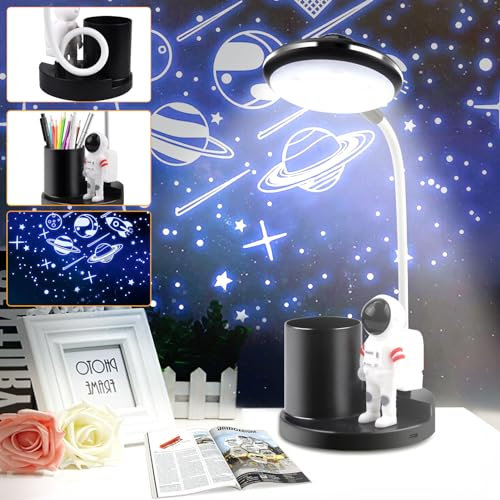 Lampe de Bureau Enfant,Lampe de Chevet avec Projecteur Ciel Etoile Lampe de Table D'étude PorteStylo,Lampe de Table Sans Fil LED Rechargeable Dimmable 3 Niveaux de Luminosité pour Enfants