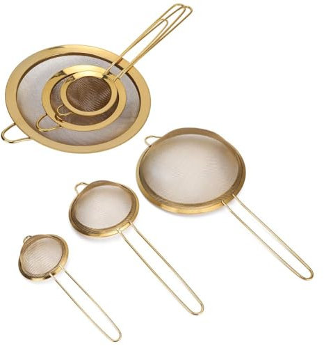 Sieves and Strainers Set, 3Pcs Kitchen Mesh Gold Baking Flour Strainer Metal Sieve Stainless Steel Fine Mesh Strainer with Long Handle Pastas Sieve Fruits Sifter