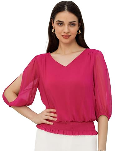 Chemisier Femme Casual élégant 3/4 Manches avec Fente Col en V en Mousseline de Soie Grande Taille été pour Sport Rose Rouge L