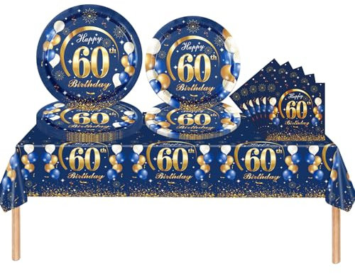 53Pcs Navy Blue 60th Happy Party Tableware Decorations for Him - Plastic Table Cloth, 7,9inch Paper Plates, Napkins for Men's Birthday Party Tableware Set