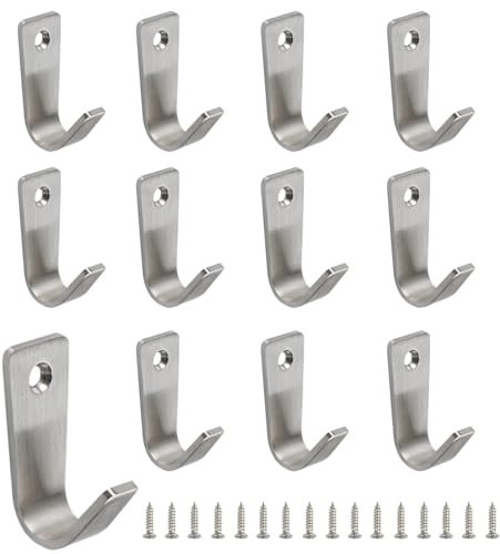 AUXBC Ganchos de pared en forma de J, ganchos de acero inoxidable, ganchos de montaje en pared de un solo agujero para colgar abrigos, ropa, sombreros, bolsos, toallas, con tornillos, color plateado,