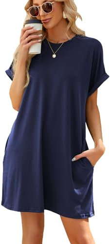 Generisch Damen Kurzarm Halter V-Ausschnitt Sexy Kleid Lose Casual Tasche Overall Und Formale Kleider (Dunkelblau,XXL)