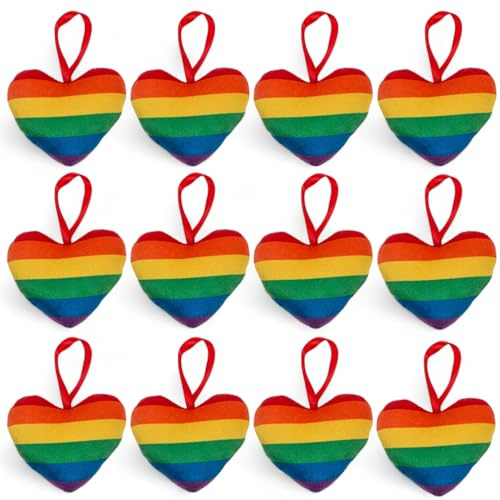 MIJOMA Regenbogenfarbenes Mini Plüschherz, Pride Anhänger, 10cm, 100% Polyester, Taschen & Rucksack Accessoire, ideal als Deko fürs Auto