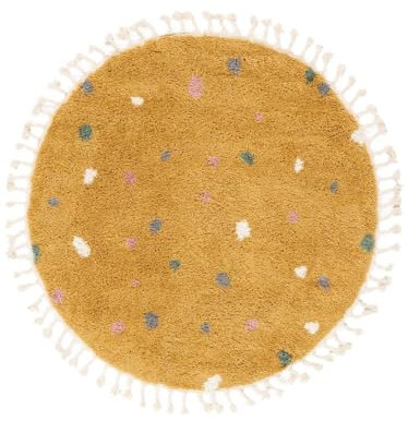 RugVista Confetti Teppich, Kinderzimmerteppich, ∅ 150 cm, Rund, Kinderteppich für Kinder, Polypropylene, Spielteppich Babys Junge Mädchen, Keine schädlichen Stoffe, Gelb