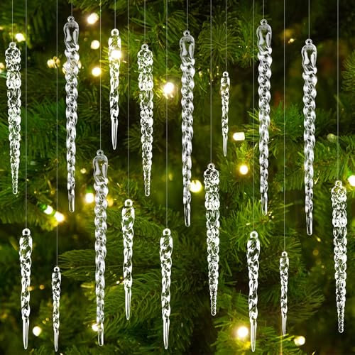 JOISHOP 24pcs Clear Christmas Tree Pendants, 4 Styles Acrylic Crystal Christmas Hanging Set Icicle Hanging Ornaments with Strings for Xmas Tree Party Indoor Decorations