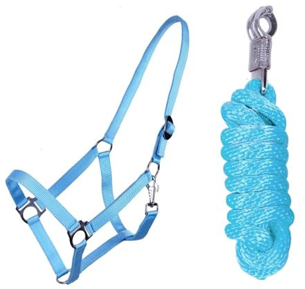 ARBO-INOX Halfter-Set Beginner II Halfter + Führstrick mit Panikhaken verstellbar (Pony, Hellblau)