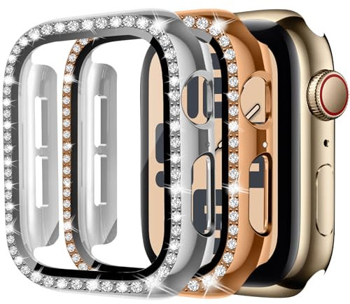 2Pack Bling Case for Apple Watch Screen Protector 44mm for Women,Hard PC Diamond Glitter Crystal Full Protection Protective Cover for iWatch Series 10 9 8 7 6 5 4 SE,06-silver/rose gold