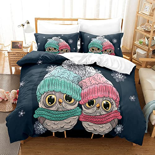 Bettbezug-Sets mit weihnachtlichem Eulen-Motiv, grün, Doppel-Bettwäsche-Set, Mikrofaser, weiches Bettwäsche-Set, versteckter Reißverschluss, Bettwäsche-Set, Doppelbett, waschbarer Bettbezug für