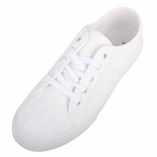 Womens Canvas Floral Lace Up Pumps Trainers with Platform Sole (White, UK Footwear Size System, Adult, Women, Numeric, Medium, 7)