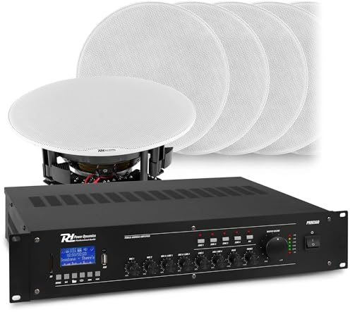 Power Dynamics Deckenlautsprecher Set, 4-Zonen, 360 Watt Verstärker, 8X FCS8 8 Einbaulautsprecher – Bluetooth, USB & 100m Kabel – Kraftvoller Sound für große Räume, Gastro & Gewerbe