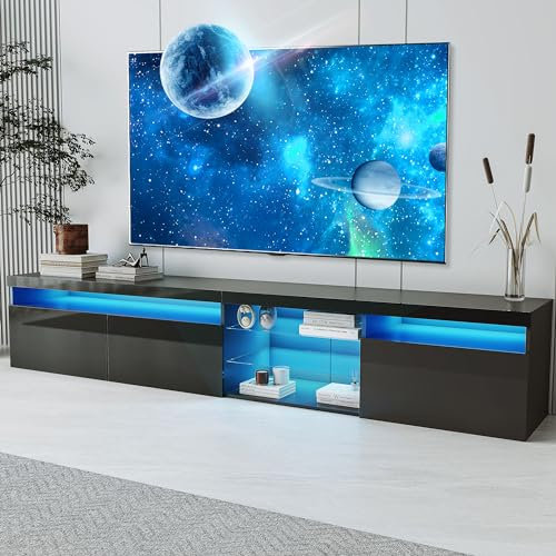 LED TV Stand for 100 Inch TV,Long Entertainment Center with Storage Cabinet and 2 Glass Shelves,Modern TV Console with LED Lights for Living Room,Home Theater,Lounge Room,Black