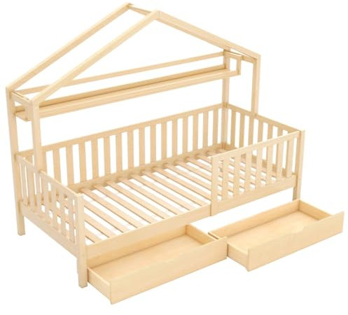 WEALTHKING Massives Naturholz-Hausbett mit Stauraumfächern, Seitenschutz, Rückwandregal, niedrigem Einstieg, elegantem Rahmen, klarer Linienführung, funktionalem Konzept, rutschfestem Unterbau