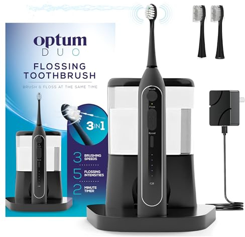 Optum Duo Zahnseide Zahnbürste 2-in-1 Elektrische Zahnbürste Wasser Flosser Combo - Schallzahnbürste mit 40k Vibrationen & Hochdruck-Zahnseide, 5 Putzmodi, ideal für Zahnspangen & Implantate