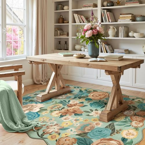 HUGEAR Teppich Wohnzimmer 80x150cm Grün Waschbarer Carpet Rug | Blumen Blumenmuster Teppiche,Waschbar Rutschfest,Weich Kurzflorig,Boho Neutral Modern,für Schlafzimmer,Esszimmer,Büro