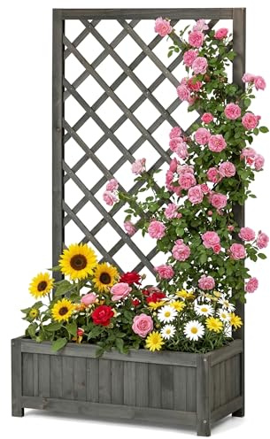 Hochbeet mit Rankgitter aus Holz, Pflanzkasten mit Rankhilfe für Kletterpflanzen, Vertikales Gartenbeet für Blumen, Gemüse & Kräuter, Blumenkasten für Balkon, Terrasse & Garten, Höhe 120cm