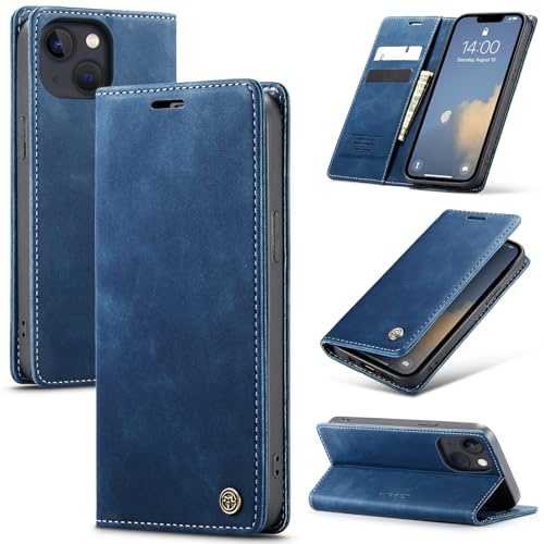 Samokor Handyhülle für iPhone 14 Plus 5G Magnet Leder Klapphülle | Premium Leder,Klappbar,Flip Case,Schutzhülle,Tasche,Kartenfach,Standfunktion,Stoßfest,Hülle für iPhone 14 Plus,Blau