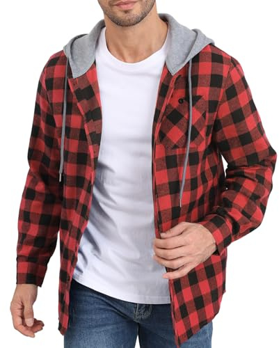 CTU Veste légère à carreaux pour homme avec capuche et manches longues boutonnées avec poche, Rouge, M