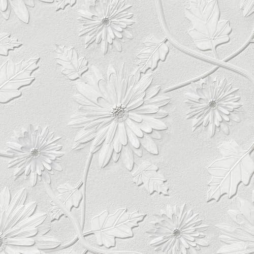 ICYEHAO Self Adhesive Wallpaper White Floral, 44 x 500 cm White and Grey Flower Peel and Stick Wallpaper Flower Leaf Plants Boho Self Adhesive Furniture Wrap for Living Room,Bathroom,Drawer,Cabinets