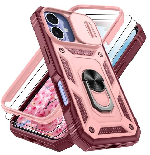 Pilaru 3 in 1 for Pink iPhone 16 Plus Case with Front Frame |2 Separate Screen Protector| Kickstand Ring & Camera Cover Military Grade Drop Shockproof Protection for iPhone 16 Plus,Pink/Red