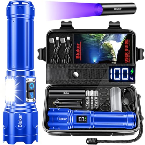 Blukar Linterna LED Recargable, 2 Colores Superbrillante Linternas Mano | con Luz COB Lateral, 7 Modos, IP67 Impermeable Enfoque Ajustable Linterna para Camping y Cortes de Luz,Azul
