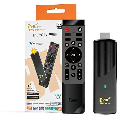 Streaming Android 14.0 TV Stick Supporta 2.4G/5G Wi-Fi Bluetooth, telecomando vocale, HDMI, 5.0 Android TV Stick 8K Ultra UHD 16 GB RAM 256 GB ROM, lettore multimediale portatile in streaming