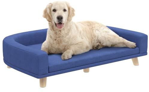 PawHut Hundesofa mit Rückenlehne für Große Hunde 98 x 67 x 25 cm Blau | Hundecouch, Holzbeine Hundebett, Abnehmbarem Waschbarem Bezug, Haustiersofa Katzensofa, Bis 30 Kg