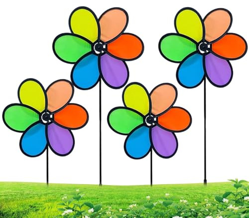 Rainbow Garden Pinwheels - 4 Pieces Wind Spinners, Colorful Lawn and Garden Decor Accessories, Outdoor Backyard, Patio, Balcony, or Courtyard Decoration, Fun Play Area Enhancer