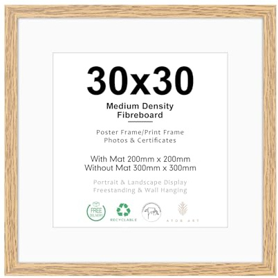 ATOBART Bilderrahmen MDF Holz Natur, 30x30cm | Picture Frame 30x30 zum Aufhängen,Holzrahmen mit Passepartout für 20x20cm Dokumente,Zertifikate,Fotos,Poster