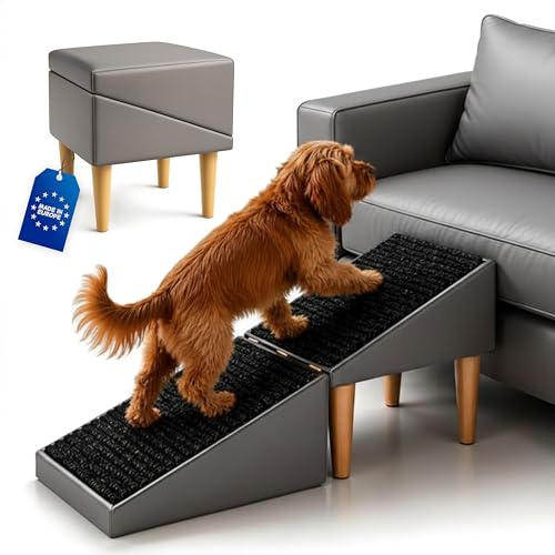 Outentin Hundetreppe klappbar – Hunderampe für Sofa & Bett, 36 cm hoch | Kunstleder Grau – rutschfeste Haustiertreppe, weich & stabil, für kleine & große Hunde