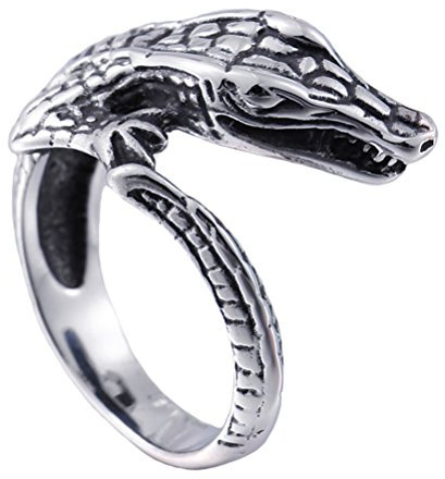 PAMTIER Herren Edelstahl Ring Krokodil Tier Wickeln Band Vintage Silber Schwarz Ton Größe 70 (22.3)